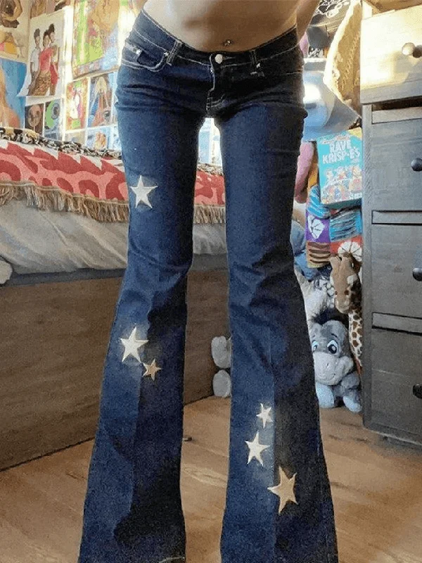 Blue Jeans for Everyday Wear -Star Embroidered Flare Jeans