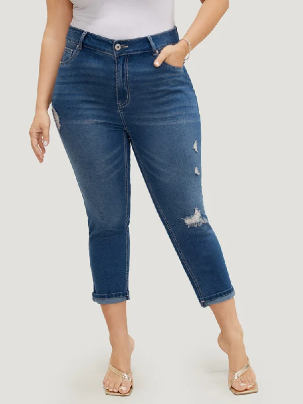 Recycled Jeans for Green -Very Stretchy High Rise Dark Wash Ripped Detail Cropped Jeans