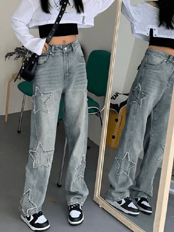 High-end Jeans for Exclusivity -Light Wash Star Patch Boyfriend Jeans