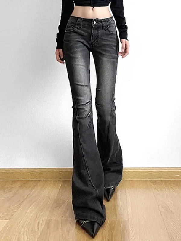 Branded Jeans for Quality -Street Distressed Ruched Splice Low Rise Flare Jeans