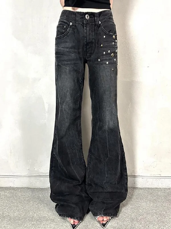 Father's Day Jeans for Present -Vintage Washed Studded Flared Jeans