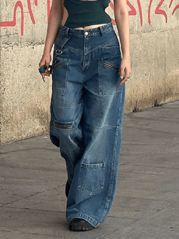 Shopping Jeans for Convenient -Patchwork Blue Wash Baggy Cargo Jeans