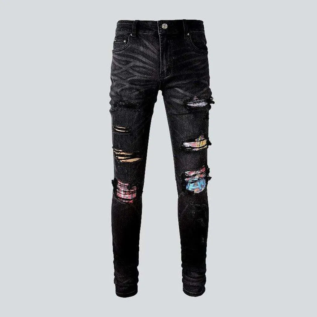 Father's Day Jeans for Present -Graffiti print patchwork biker jeans