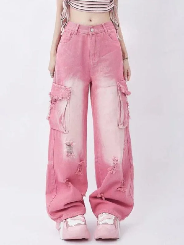 Mom Jeans for Vintage Appeal -Y2K Multi Pocket Ripped Cargo Jeans