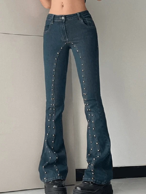 Jean Skirts for Feminine -Vintage Stud Paneled Low-rise Bootcut Jeans