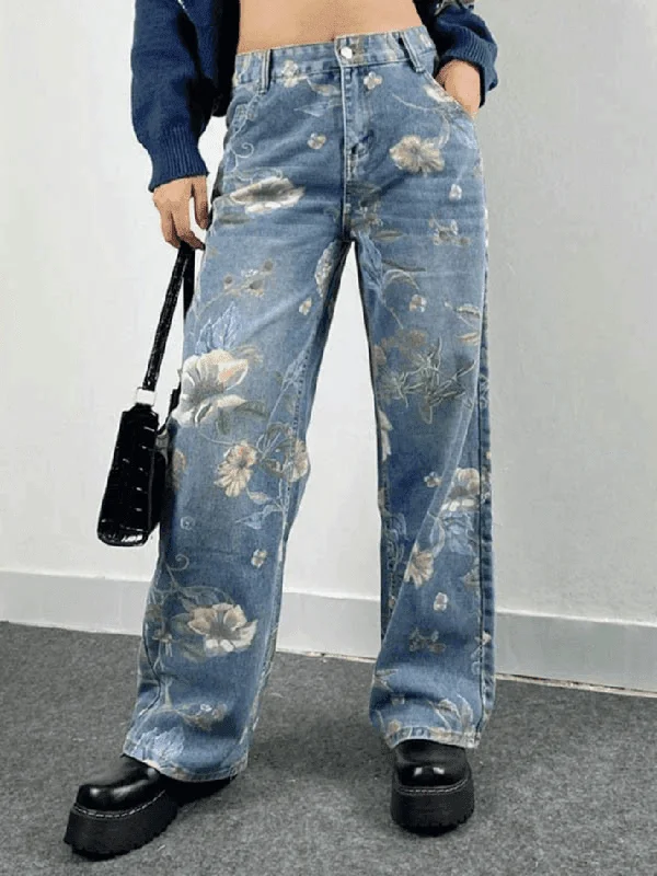 Shopping Jeans for Convenient -Vintage Floral Baggy Boyfriend Jeans