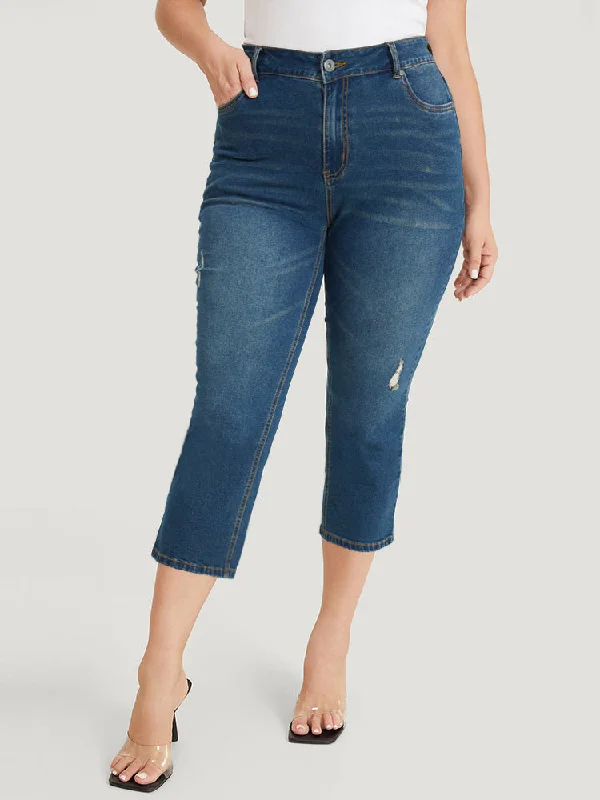 Boyfriend Jeans for Relaxed -Very Stretchy High Rise Medium Wash Ripped Detail Cropped Jeans