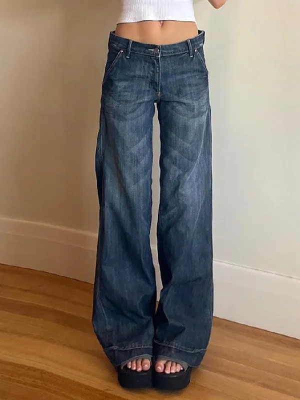 Travel Jeans for On-the-go -Vintage Low Rise Washed Gradient Straight Leg Jeans