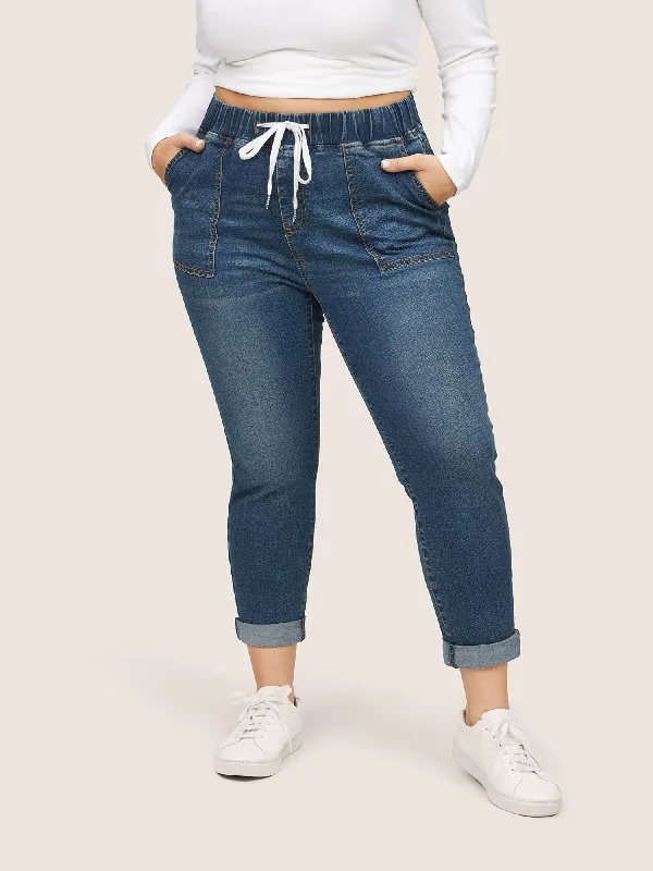 Relaxed Jeans for Comfortable -Drawstring Elastic Waist Roll Hem Jeans