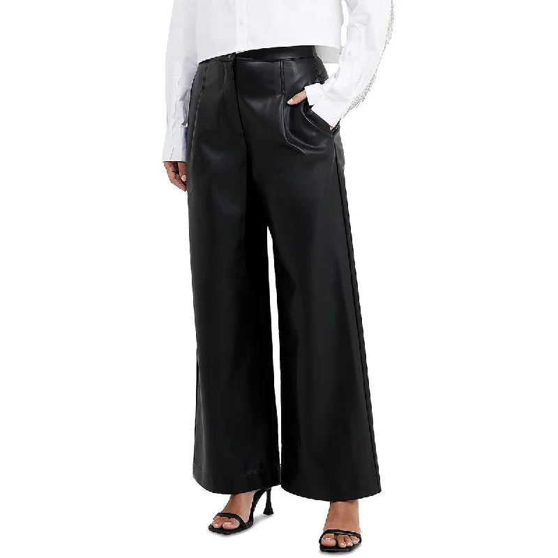 High-waisted tight trousers for women with flare leg and retro aesthetic -French Connection Womens Crolenda Faux Leather Pockets Wide Leg Pants