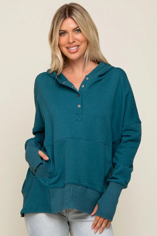 Denim Shirts for Stylish -Teal Button Front Ribbed Trim Hooded Sweatshirt