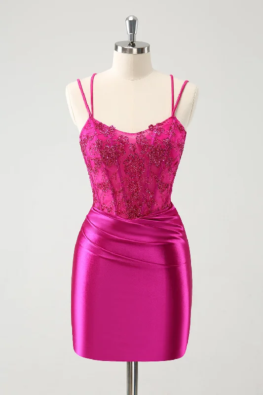 Solid Color Dresses for Simple -Fuchsia Bodycon Spaghetti Straps Beaded Satin Short Homecoming Dress