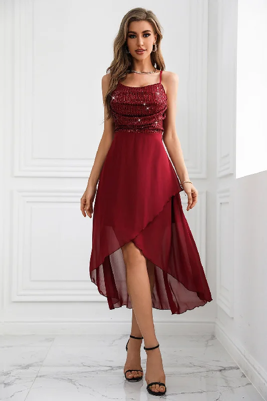 Party Dress with Buttons for Classic -Sparkly Burgundy Spaghetti Straps Asymmetrical Party Dress