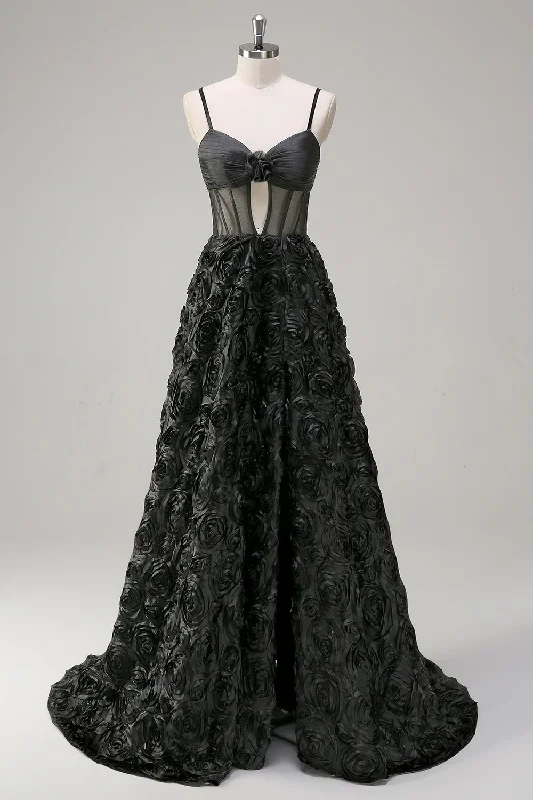 Party Dress for Wedding Reception -Elegant Black A Line 3D Floral Ball Gown with Sheer Corset