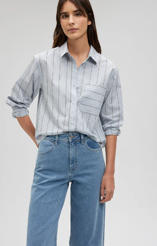 Short Sleeve Blouses for Summer -LONG SLEEVE POCKET SHIRT IN BLUE STRIPE