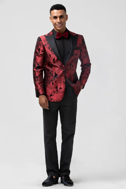 Party Dress with Bow for Cute Touch -Peak Lapel Burgundy Jacquard One Button 2 Piece Men's Prom Suits