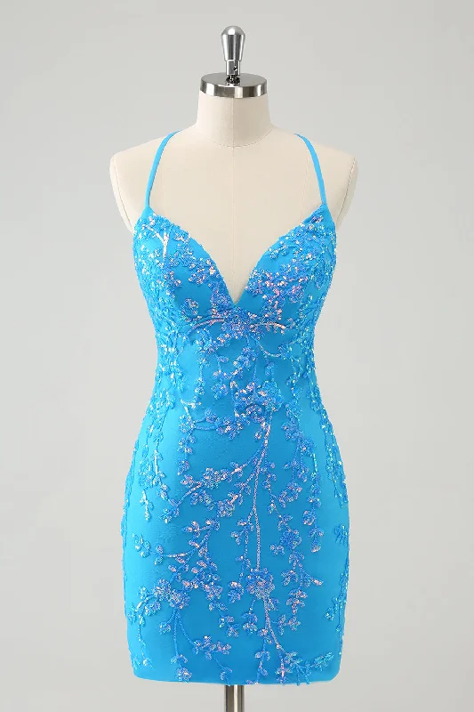 Hippie Dresses with Beads -Sparkly Sky Blue Tight Short Homecoming Dress with Lace-Up Back