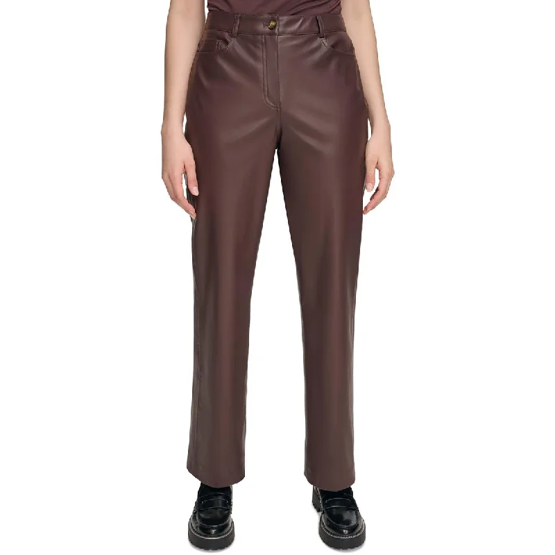 Fashion-forward tight trousers for women with metallic sheen and edgy design -Calvin Klein Womens Faux Leather Straight Leg Pants