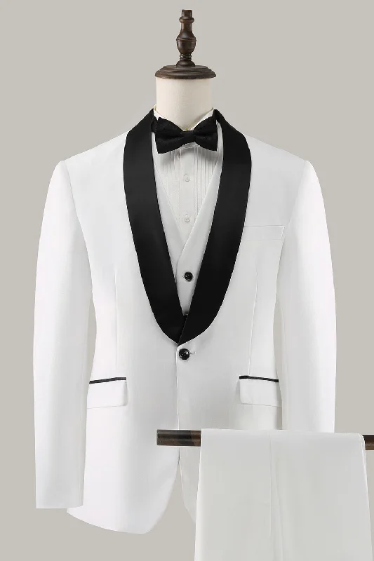 Studded Party Dress for Edgy Look -White Shawl Lapel 3 Piece One Button Men's Prom Suits