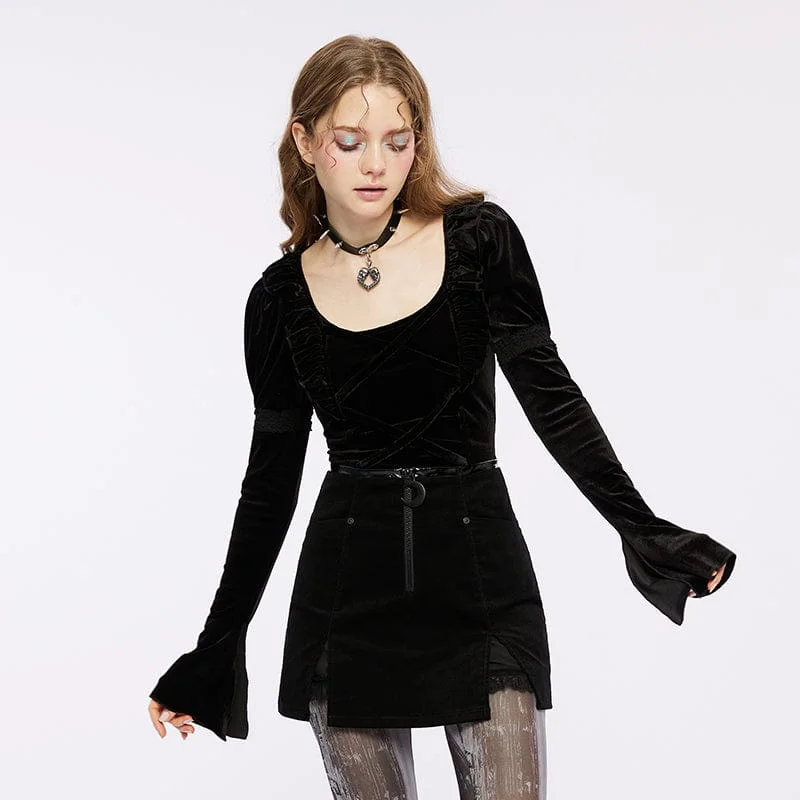 One Shoulder Blouses for Trendy -Women's Gothic Strappy Puff Sleeved Velvet Shirt