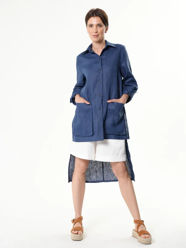 Ruffled Blouses for Girly -Asymmetric Linen Shirt In Blue