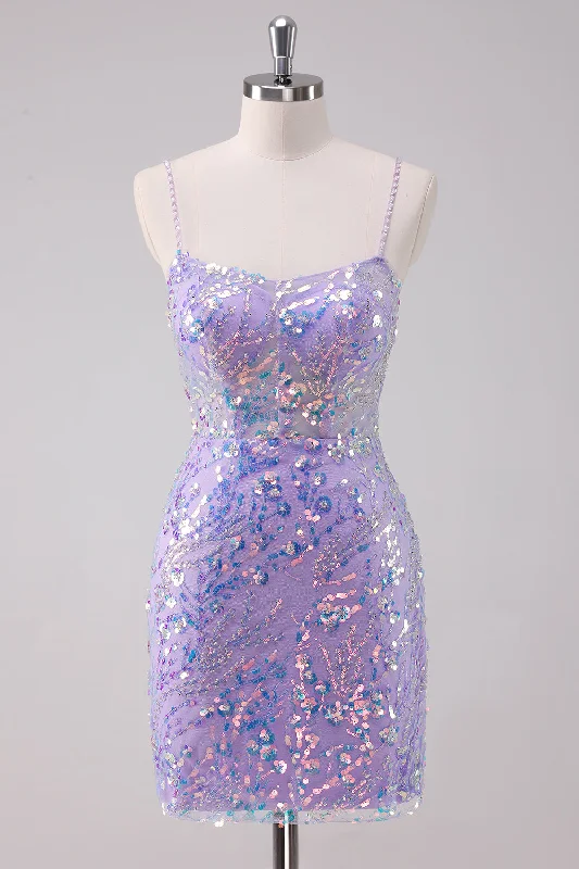 Off-shoulder Dresses for Feminine -Sparkly Purple Bodycon Spaghetti Straps Sequins Short Homecoming Dress