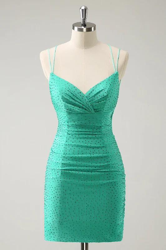 Buttoned Dresses for Stylish -Green Spaghetti Straps Backless Tight Homecoming Dress with Beading