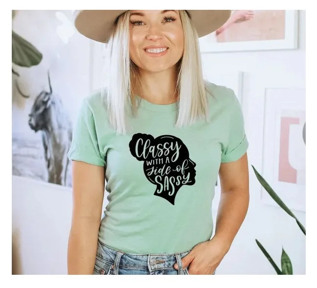 Bohemian Blouses with Tassels -Classy With A Side Of Sassy T-shirt, Funny Gangsta Shirt, Cute Girl Shirt, Women Life Tshirt, Trendy Sassy Gift, Wedding Party Group T-shirt