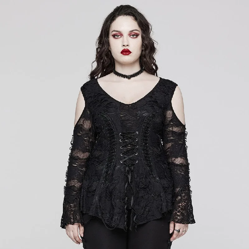 Cocktail Blouses for Event -Women's Plus Size Gothic Off Shoulder Flared Sleeved Lace Shirt