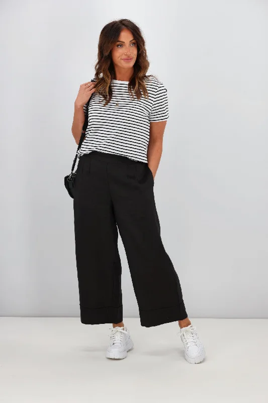 Tight trousers for women with faux leather material for sleek and modern look -Tirelli Wide Leg Linen Pant Black