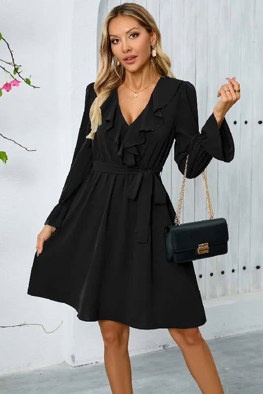 Party Dress for Graduation Party -Black Ruffle Bell Long Sleeves A-Line Short Party Dress with Belt