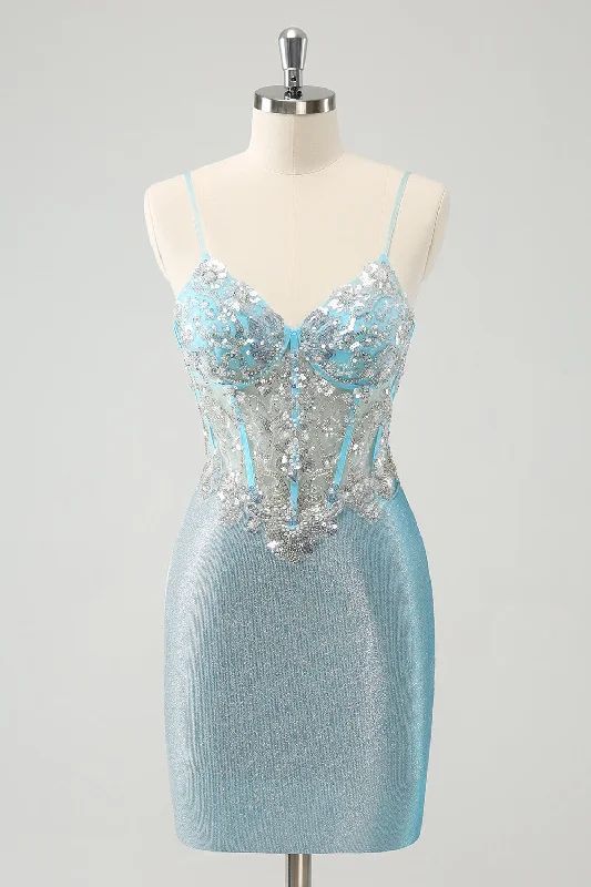 Linen Dresses for Breathable -Light Blue Spaghetti Straps Tight Corset Short Homecoming Dress with Sequins