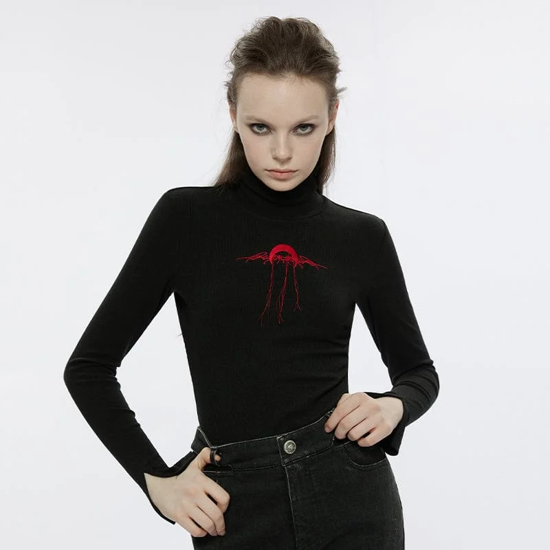 Weekend Blouses for Leisure -Women's Punk Moon Embroidered Turtleneck Shirt