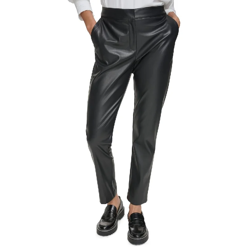 Tight trousers for women with side slits and ankle-length design for chic style -Calvin Klein Womens Petites Solid Faux Leather Ankle Pants