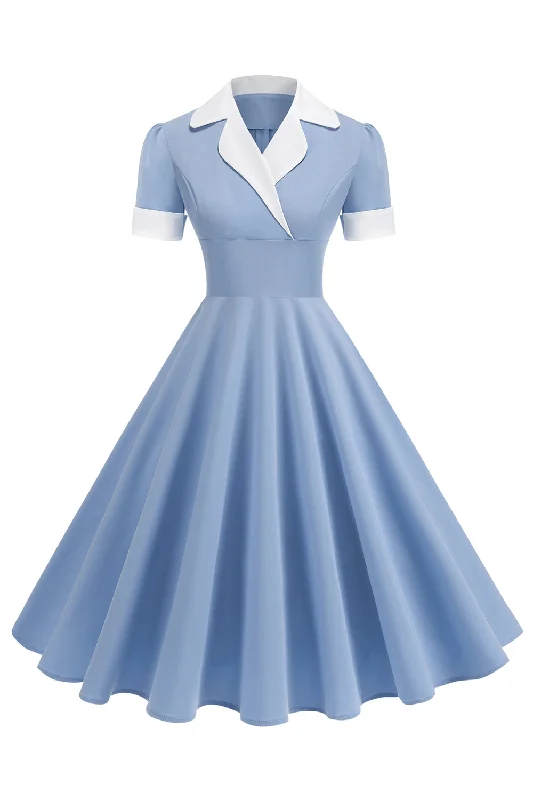 Wool Dresses for Warmth -Blue A Line V-Neck 1950s Dress With Short Sleeves