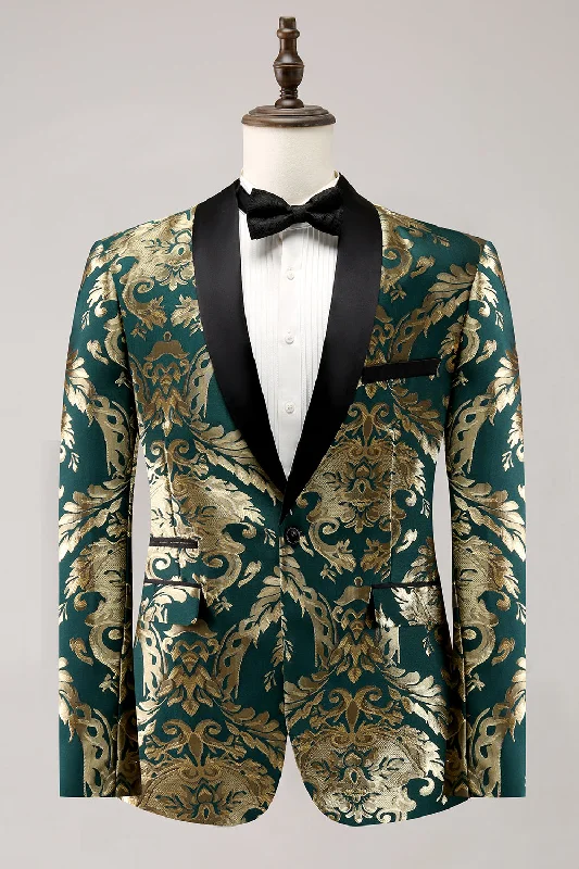 Tasseled Party Dress for Bohemian Look -Dark Green Shawl Lapel One Button Jacquard Men's Prom Blazer