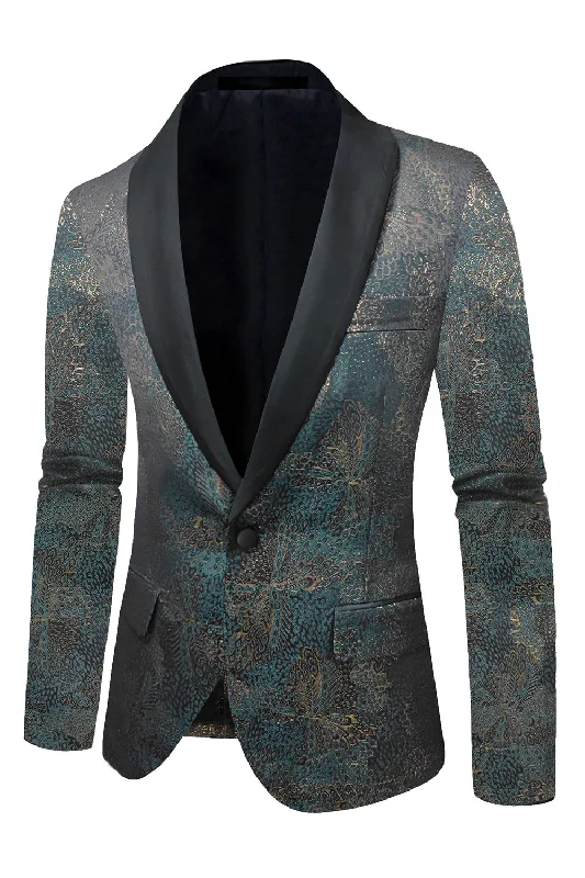 Party Dress with Bow for Cute Touch -Dark Blue Jacquard Shawl Lapel Men's Prom Blazer