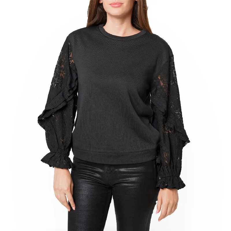 Clip On Blouses for Non Pierced -Women's Contrast Lace Sleeve Sweatshirt