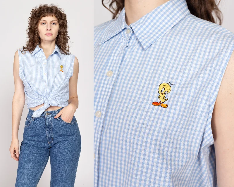 Blue Blouses for Classic -XL Y2K Tweety Bird Blue Gingham Sleeveless Shirt