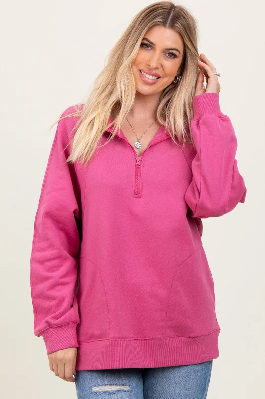 Double Blouses for Layered -Pink Half Zip Contrast Rib Sweatshirt Top