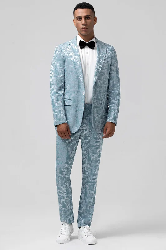 Silk Party Dress for Soft Touch -Light Blue Notched Lapel 2 Piece Jacquard Men's Prom Suits