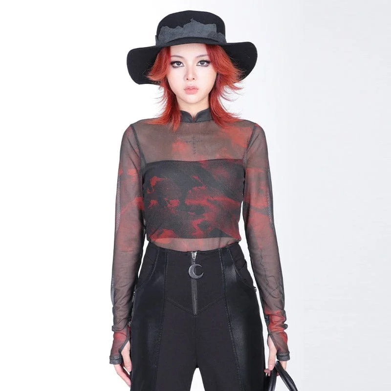 Orange Blouses for Energetic -Women's Grunge Stand Collar Tie-dye Sheer Mesh Shirt