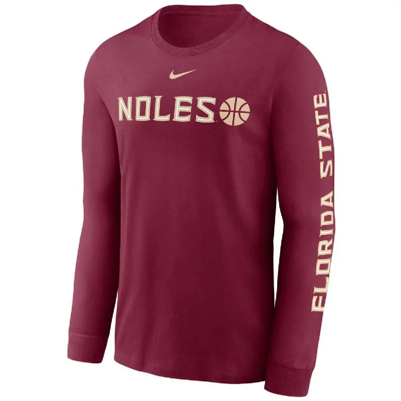 High Neck Blouses for Modest -Nike Men's Noles Basketball Long Sleeve Cotton T-shirt - Garnet