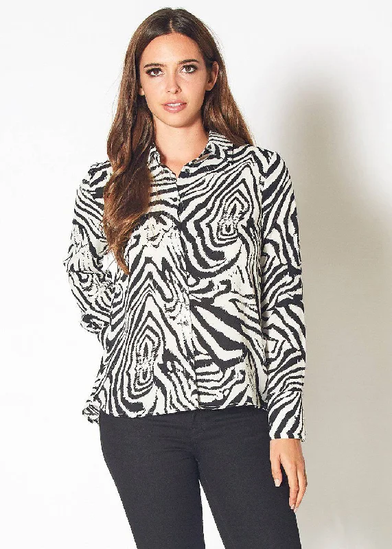 One Shoulder Blouses for Trendy -Women's Zebra Button Up Shirt Blouse in Blk White Zebra