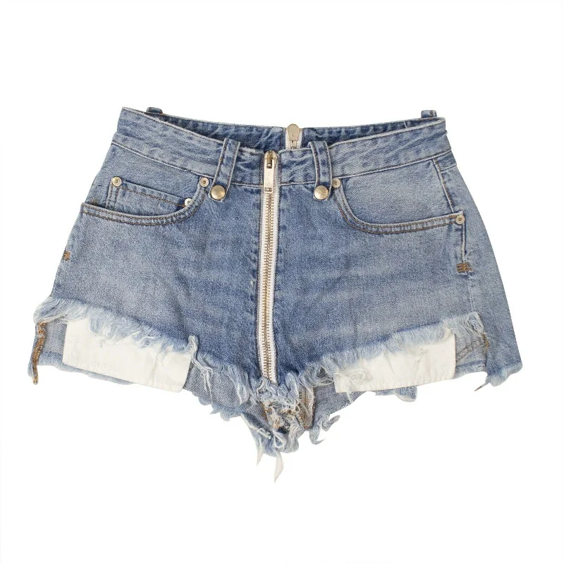 Tight trousers for women with leather accents and modern, bold design -Unravel Project Denim Zipped Shorts - Denim