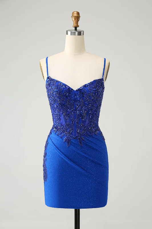 Tiered Dresses for Voluminous -Sparkly Royal Blue Spaghetti Straps Tight Homecoming Dress with Beading