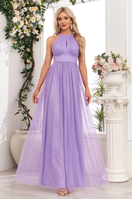 Flared Party Dress for Retro Vibe -Sparkly Purple A Line Halter Long Prom Dress