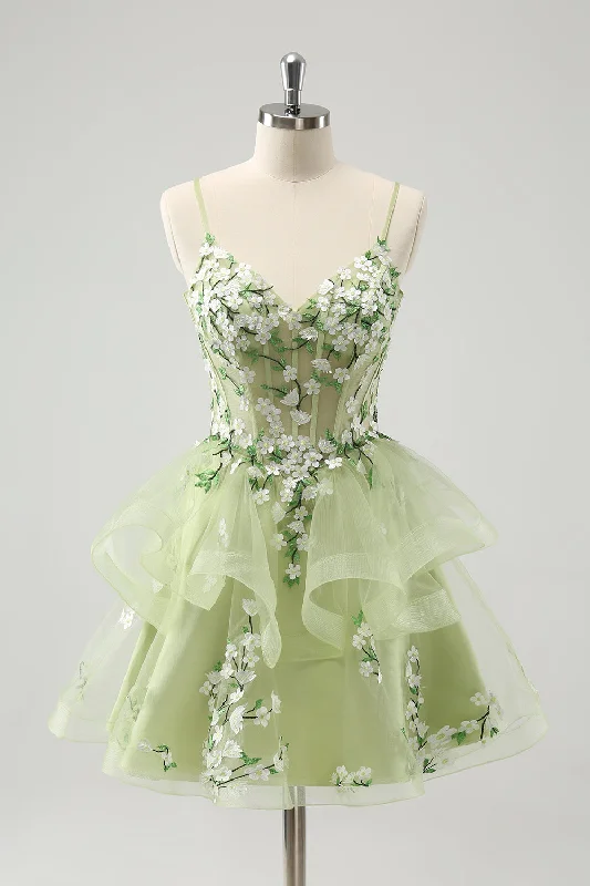 Resort Dresses for Vacation -Light Green A-Line Applique Short Homecoming Dress with Ruffles