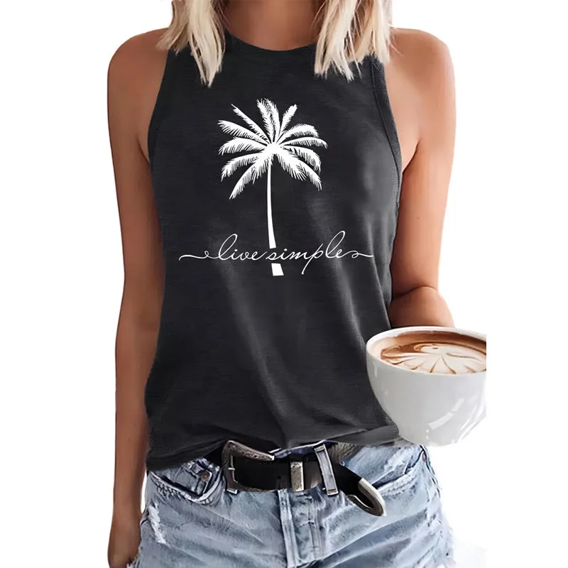 Heavy Duty Blouses for Durable -Coconut Tree Printed Crew Neck Casual Sleeveless T-shirt Women's Vest