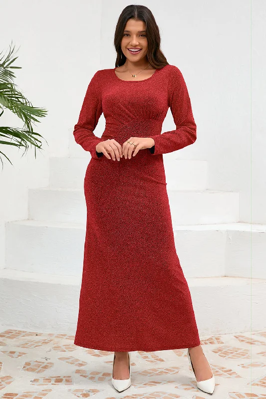 Cuffed Sleeve Party Dress for Stylish -Red Mermaid Scoop Neck Long Party Dress with Long Sleeves